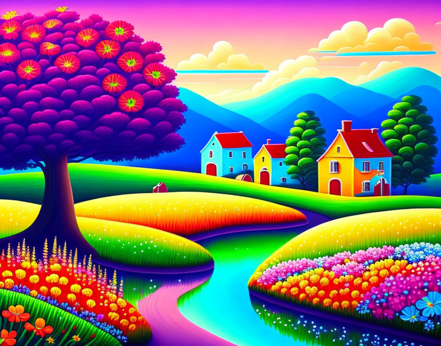 Colorful landscape with whimsical tree, rolling hills, river, houses, and flowerbeds under