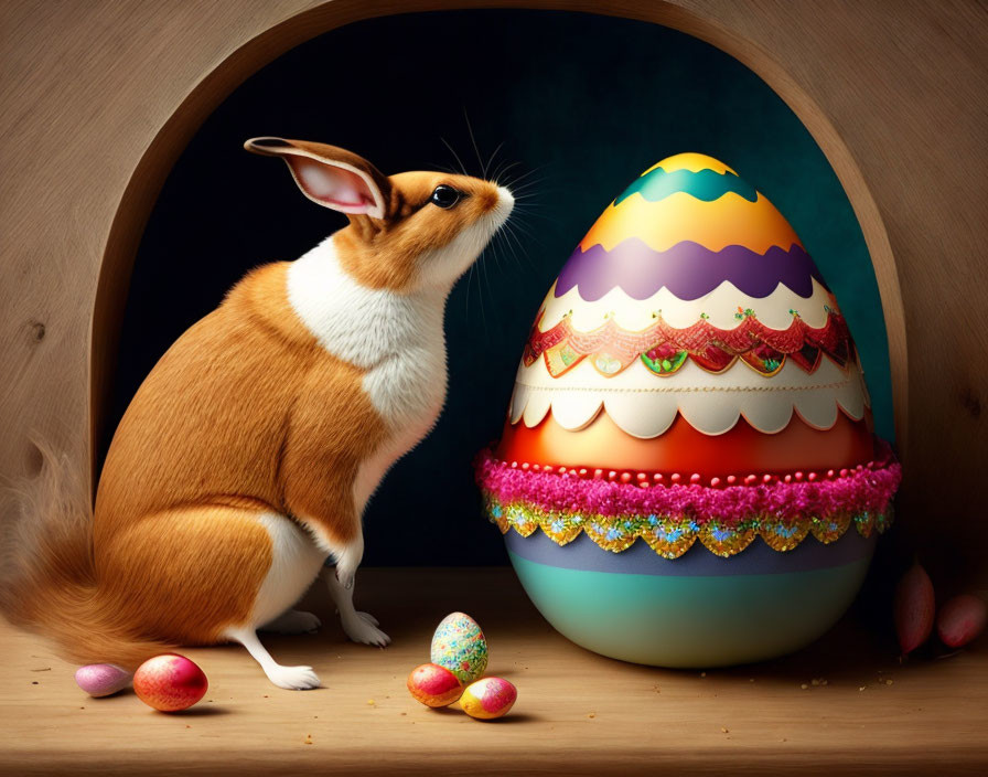 Curious corgi admiring colorful Easter egg and smaller eggs on wooden surface