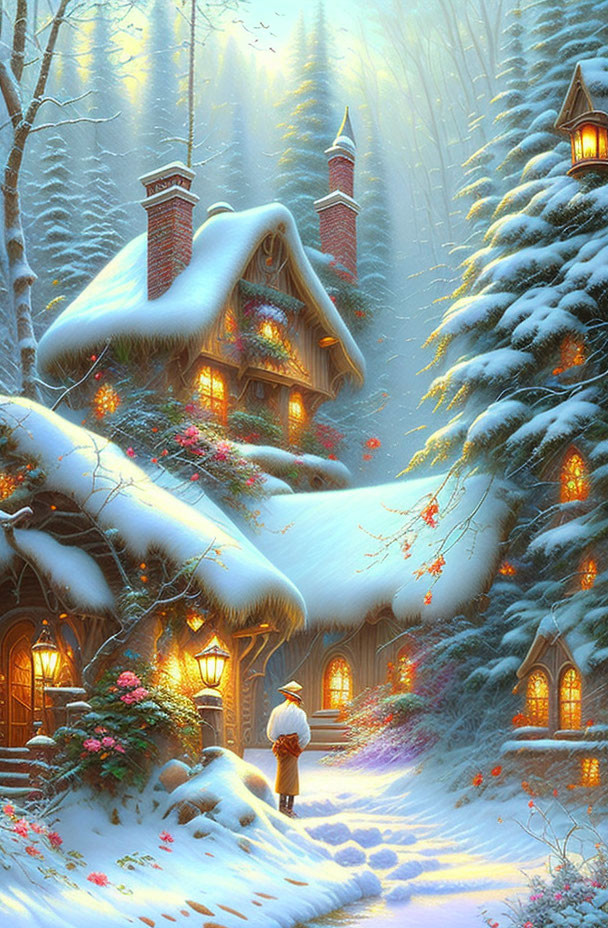 Snow-covered cottage in winter forest with lit windows and person outside