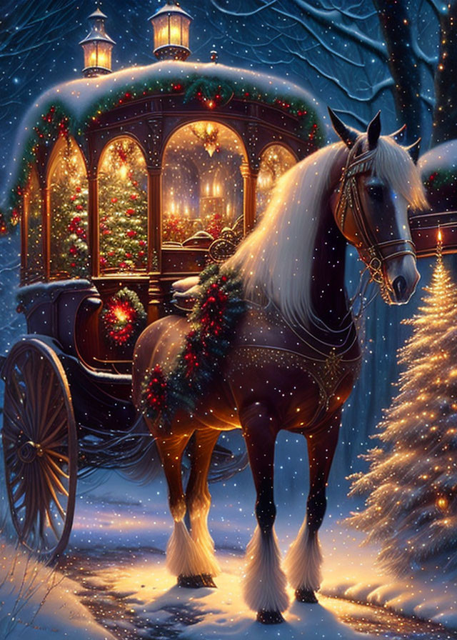 Festive horse-drawn carriage in snowy twilight