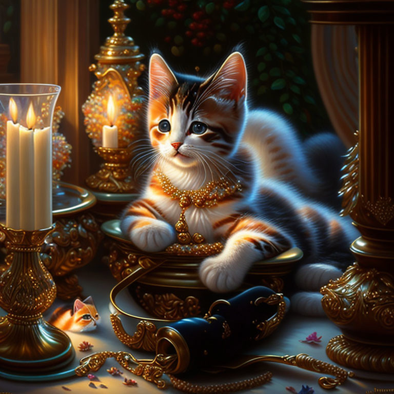 Calico kitten with amber eyes on table with candles and jewelry