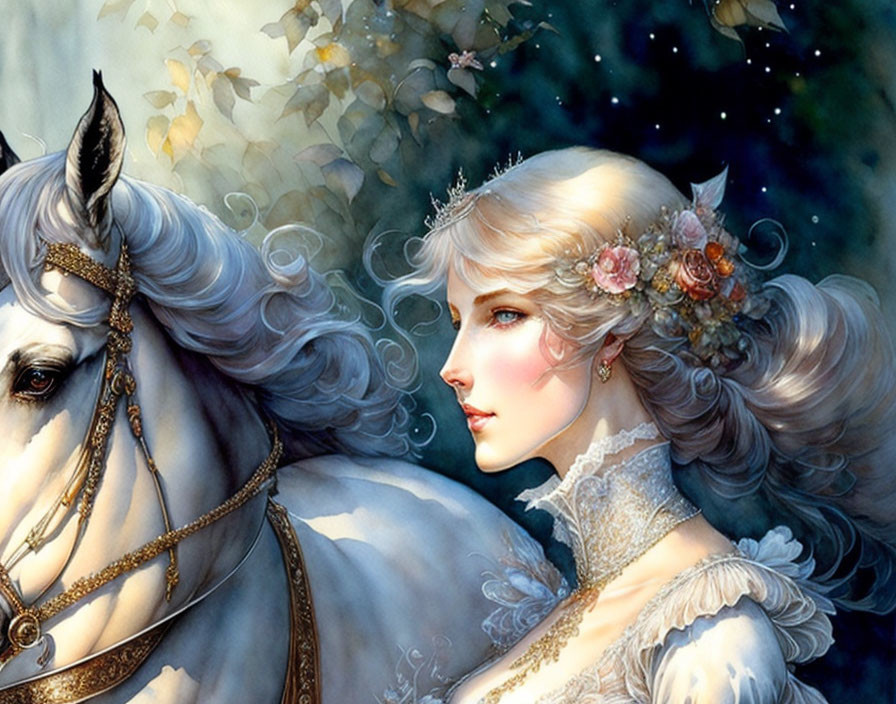 Illustration of elegant woman with floral headdress beside white horse in starry setting