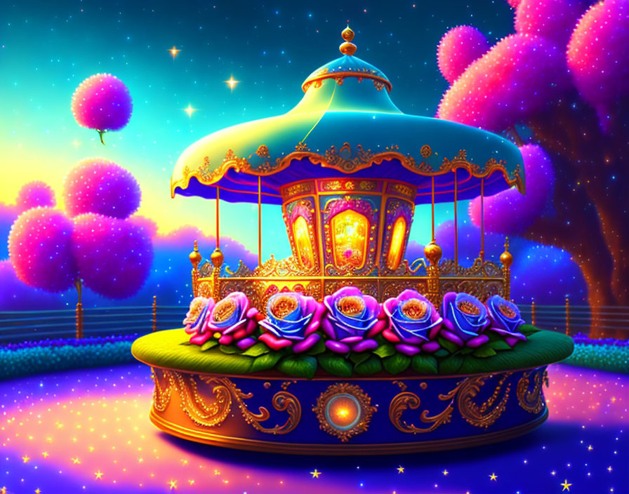 Colorful carousel with floral decor under starry sky and glowing purple trees