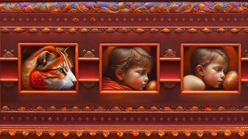 Vibrant triptych: fox, children, oranges in ornate frames