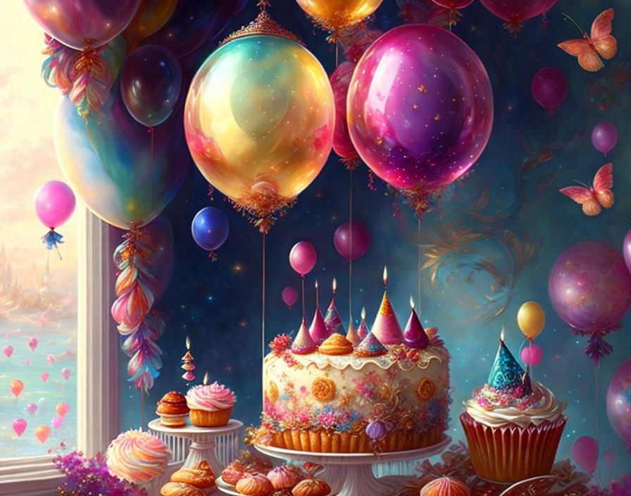 Colorful fantasy cake with balloons and butterflies in dreamy scene