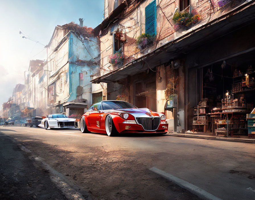 Luxury cars parked on quaint street with old-style buildings and plant-adorned balconies