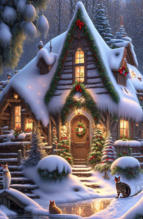 Snow-covered cottage with Christmas decor, cozy interior, frozen pond, and cats.