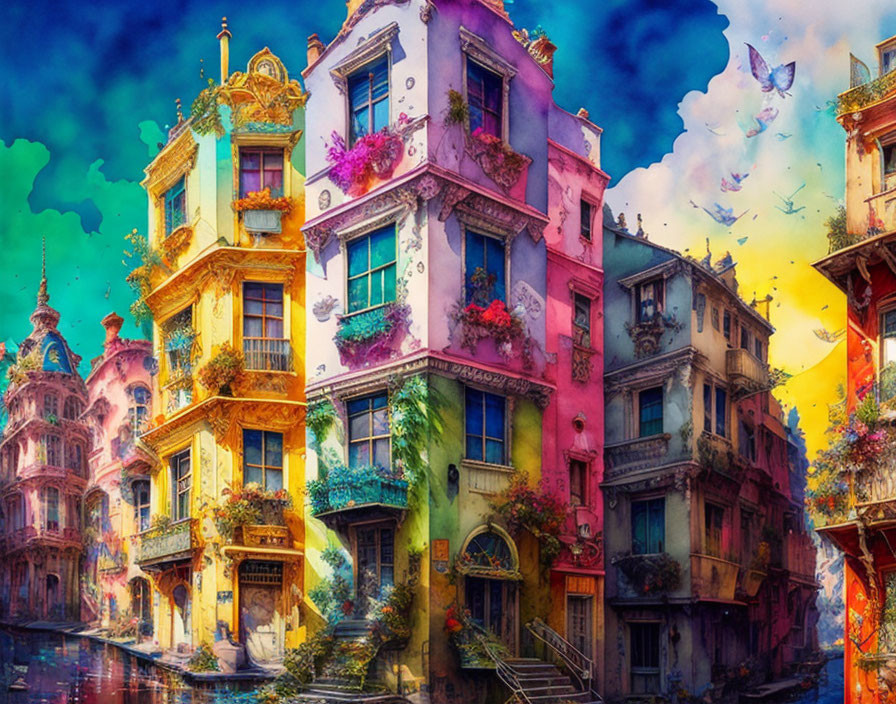 Colorful ornate buildings on vibrant street under blue sky