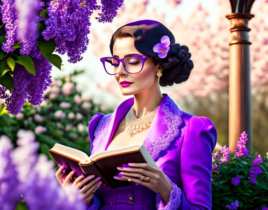 Woman in purple glasses reading book surrounded by lilac blooms