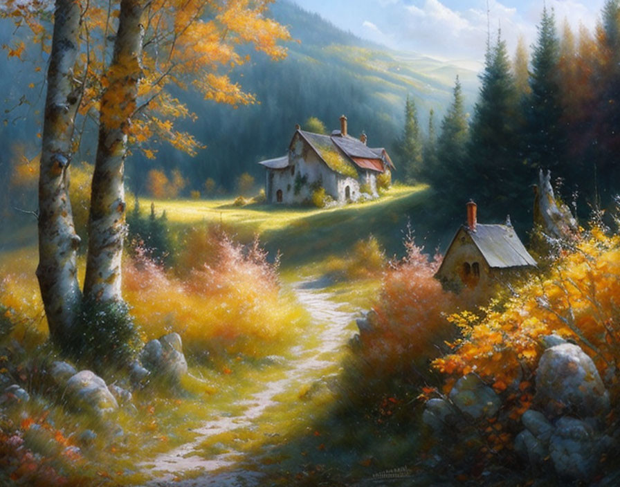 Autumn landscape with cottage and golden light