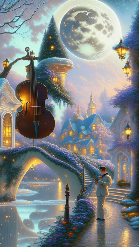 Person in suit admires giant violin by moonlit river village scene