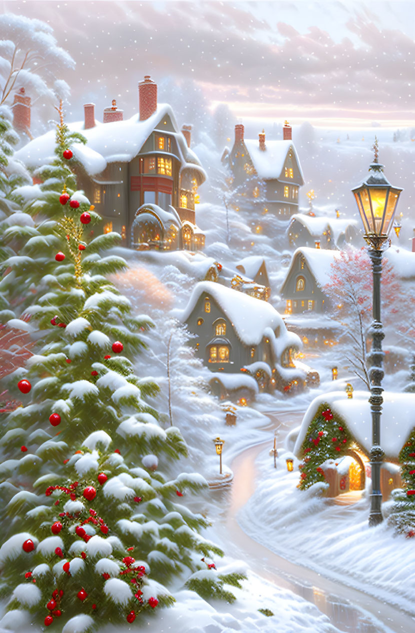 Snow-covered cottages and Christmas trees in a winter village.