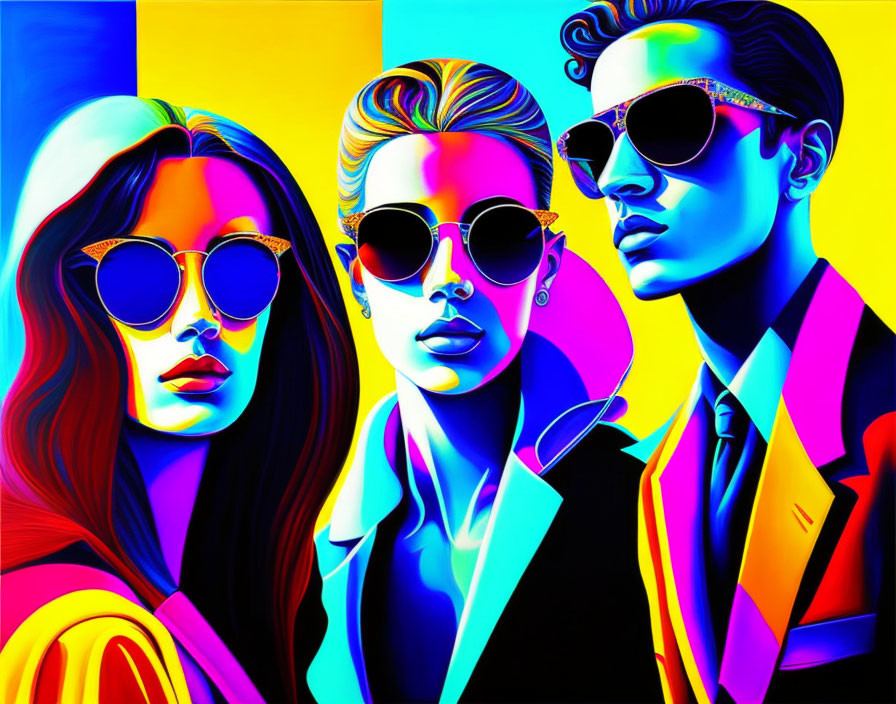 Vibrant pop art with stylized people in sunglasses