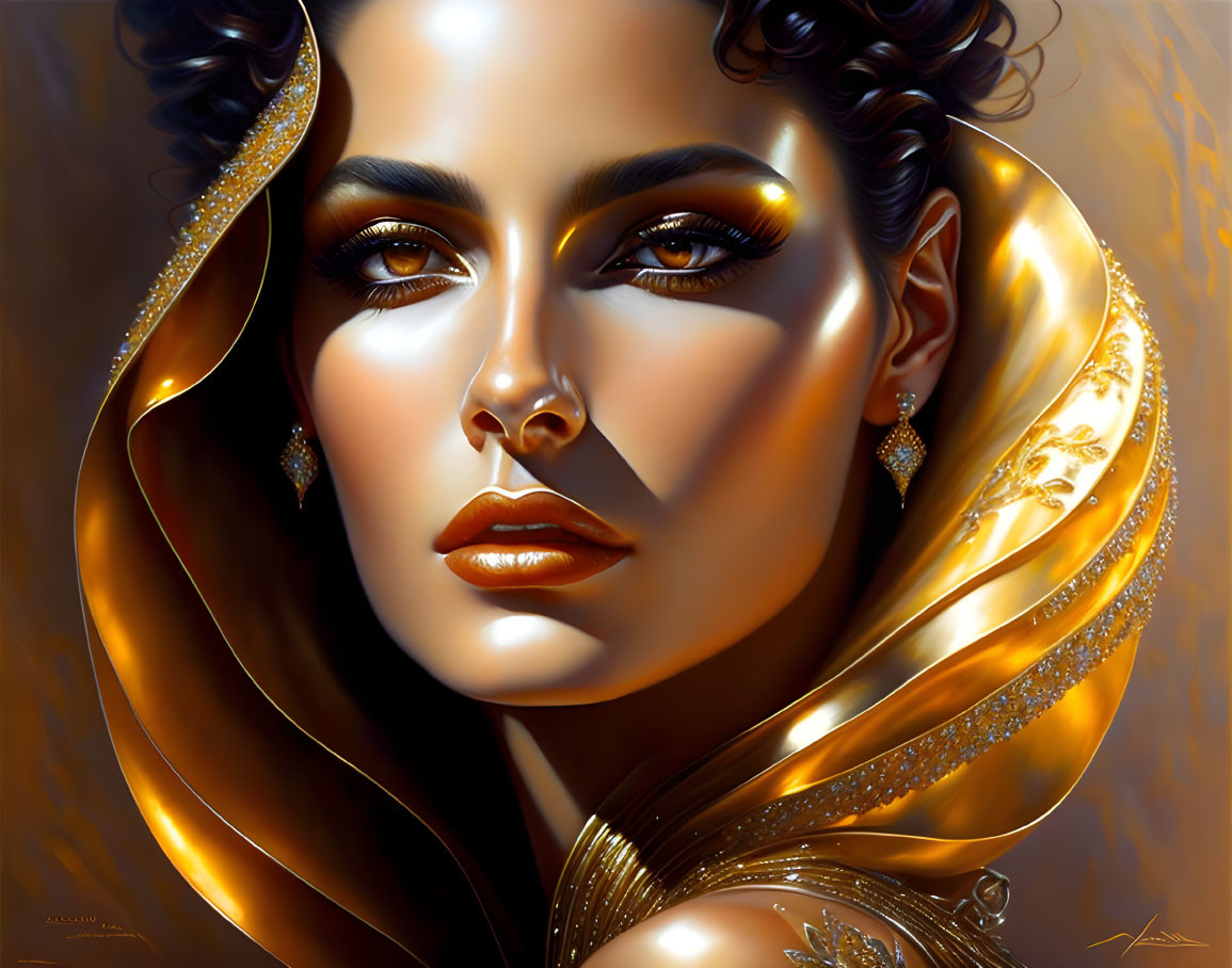 Detailed digital artwork of a woman in golden attire with luminous skin and striking facial features