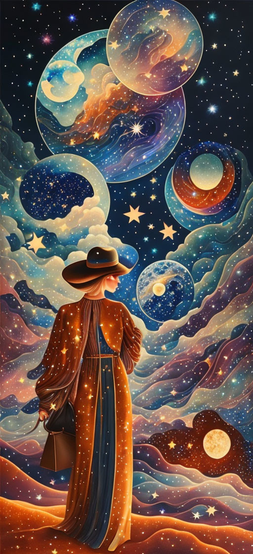 Stylized illustration of woman under whimsical night sky