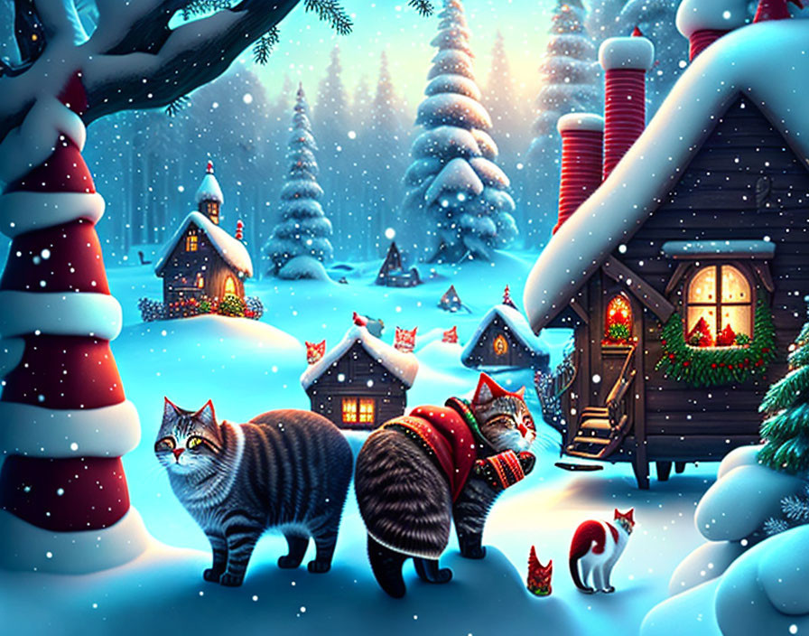 Snowy winter village scene with cottages, cats, and fox in scarves