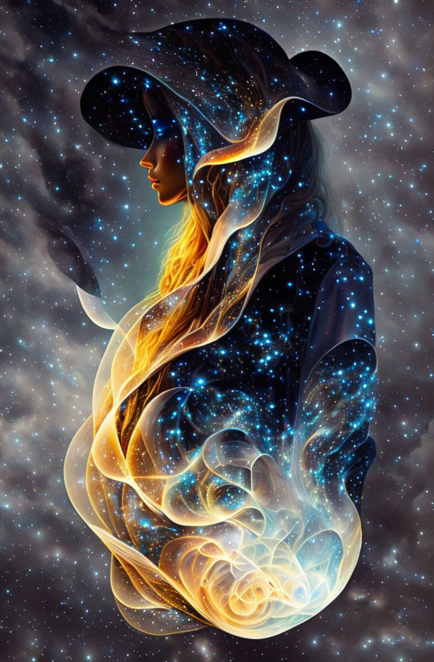 Digital Artwork: Woman with Star-filled Hair in Cosmic Background