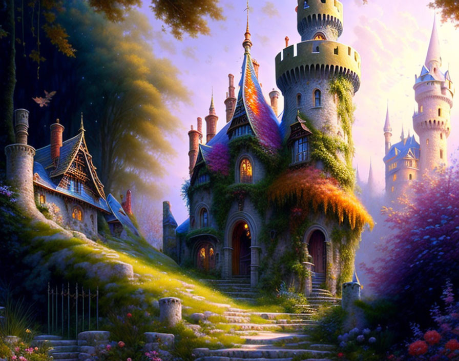 Majestic fairy-tale castle in lush greenery at twilight