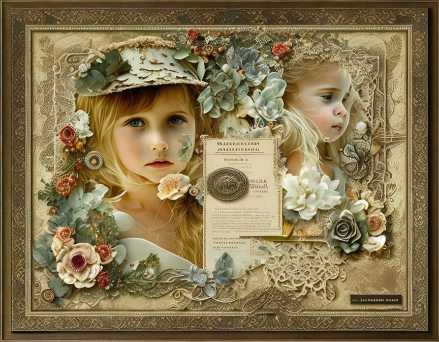 Vintage-style collage of two girls with flowers, lace, old document, and golden frame