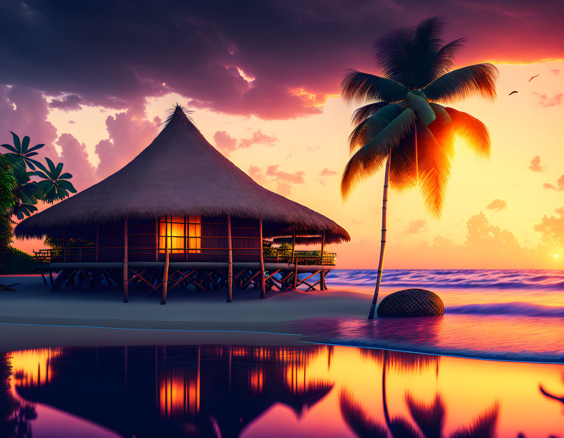 Tranquil beach sunset with thatched hut, palm tree, and fiery sky