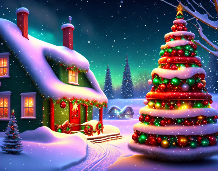 Snow-covered house with Christmas decorations and tree at night