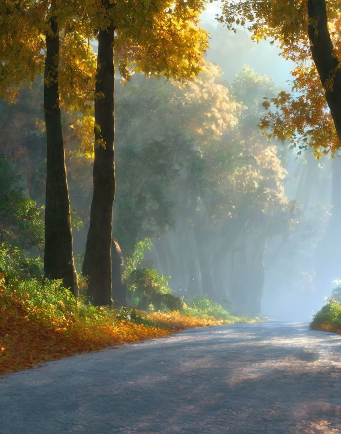 Tranquil Autumn Road with Golden Leaves