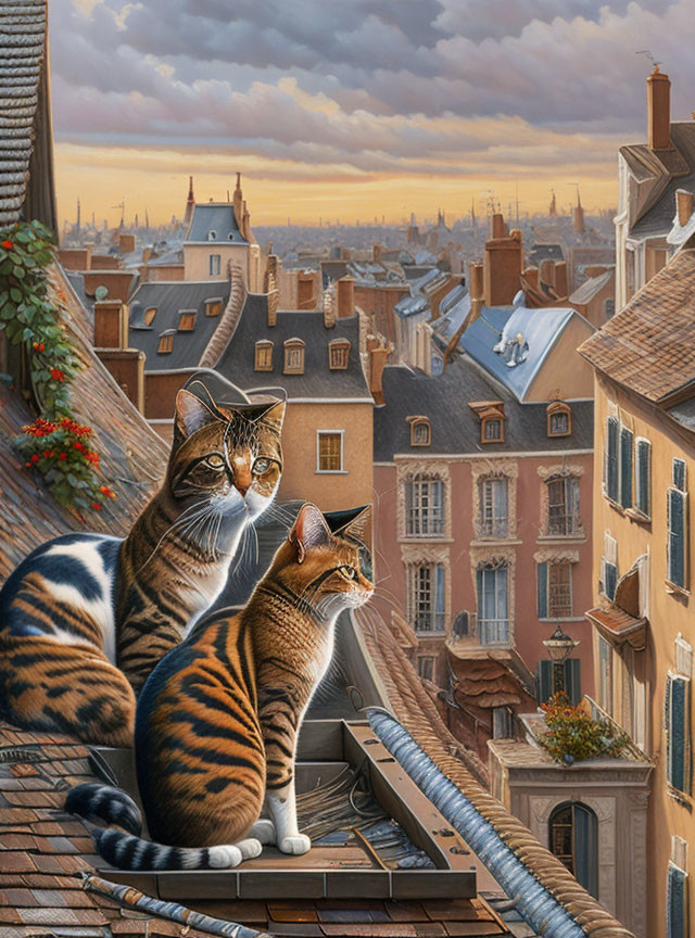 Two cats on rooftop admire cityscape at dawn