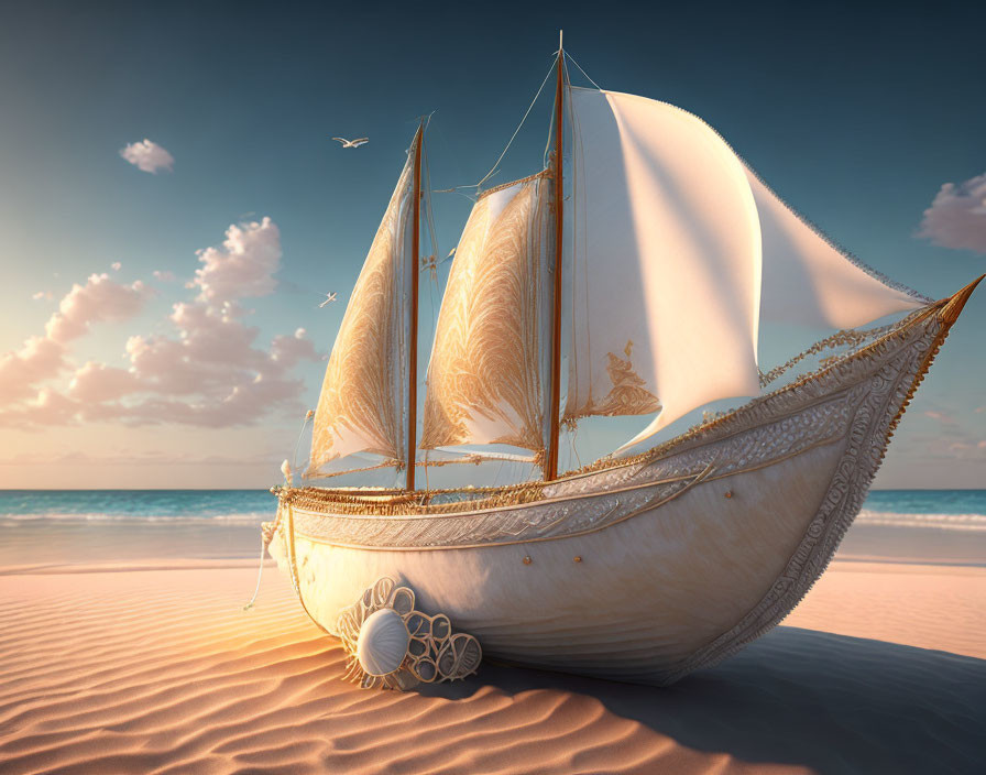 Fantastical sailboat with shimmering sails on sandy beach at sunset