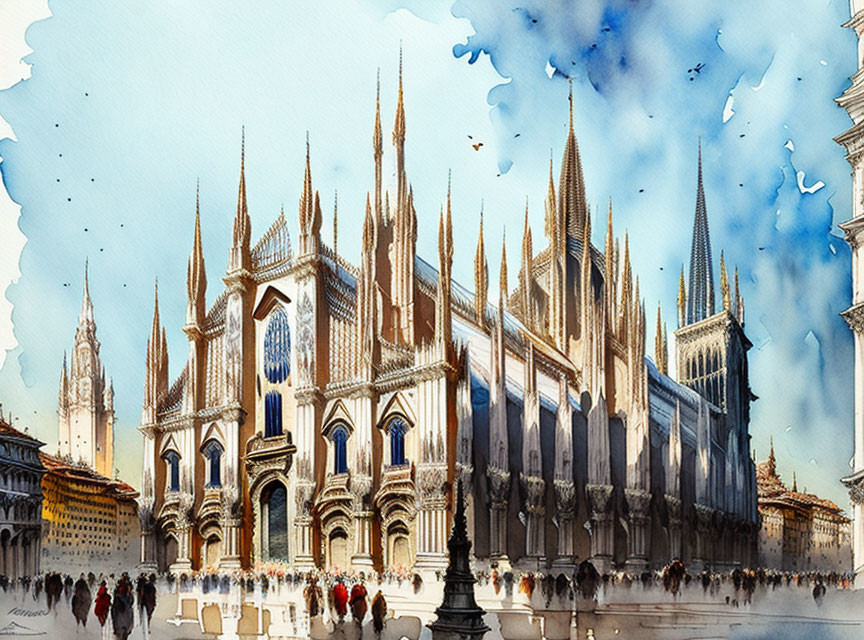 Detailed Watercolor Painting of Milan Cathedral with Vibrant Colors