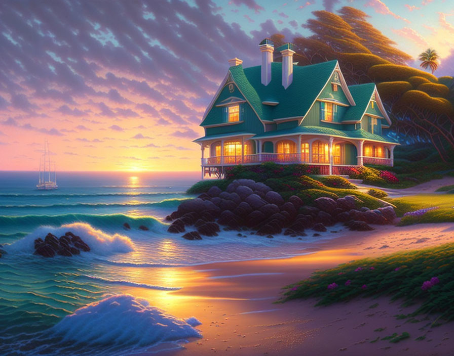 Victorian-style house on beach at sunset with sailboat and lush trees