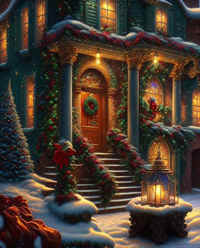 Festive Christmas house with glowing lights and snow-covered steps