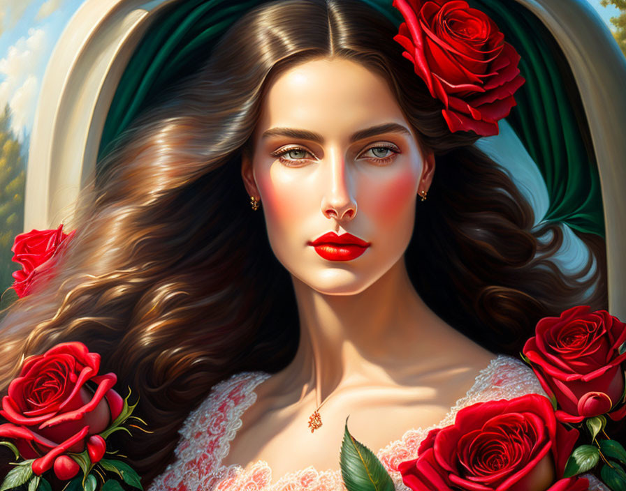 Illustration of woman with flowing hair and red roses, serene expression.