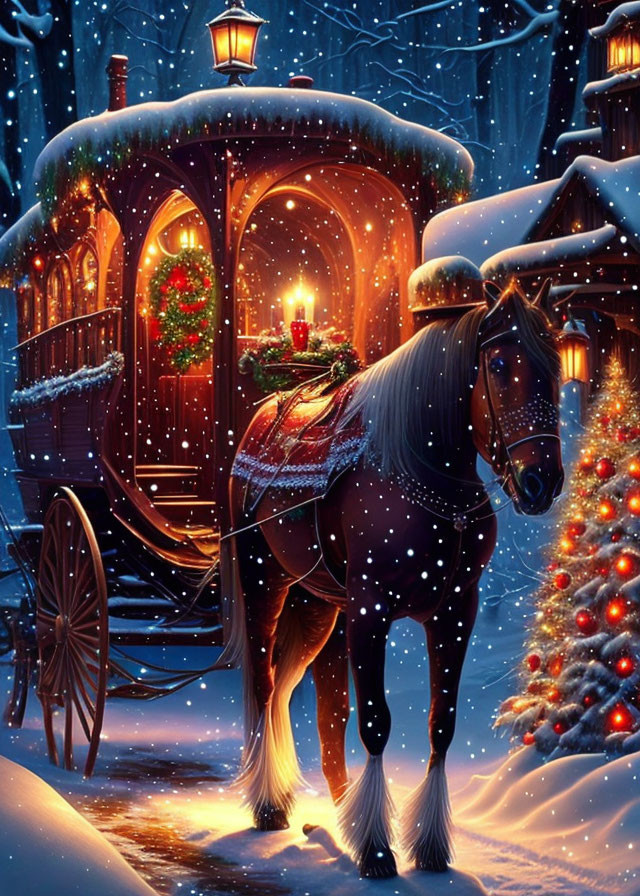 Ornate carriage with Christmas decorations in snowy nighttime scene