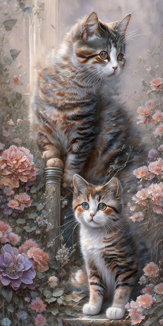 Fluffy tabby cats with striking eyes in pink flower setting