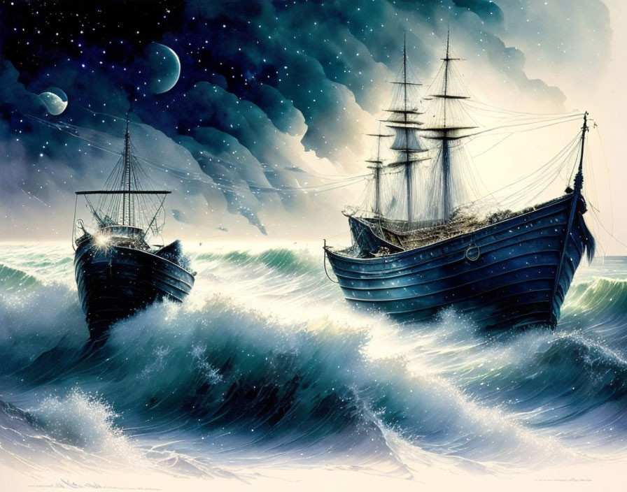 Majestic sailing ships in stormy seas under a full moon