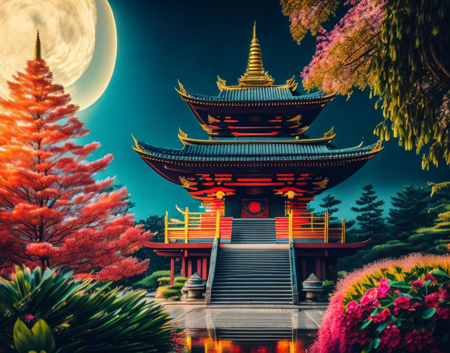 Traditional Asian pagoda with large moon and colorful trees under blue sky