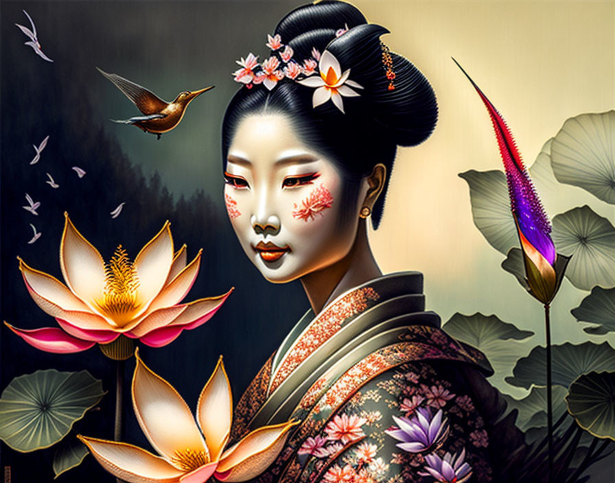 Vibrant geisha portrait with flowers and bird on dark background