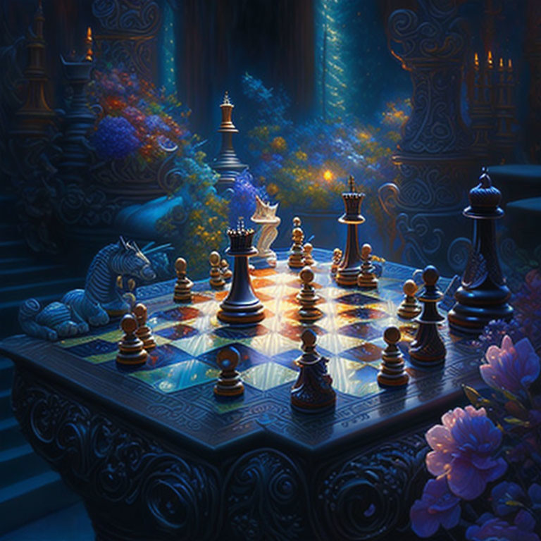 Enchanted forest chessboard with glowing pieces and flowers