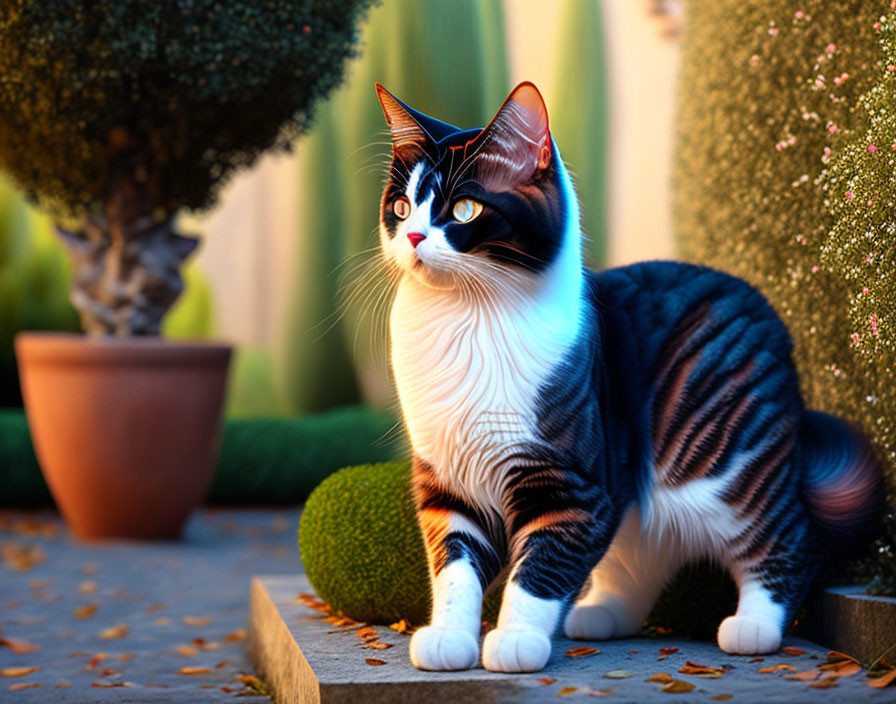 Striking black and white cat on stone path with potted plants in golden hour light