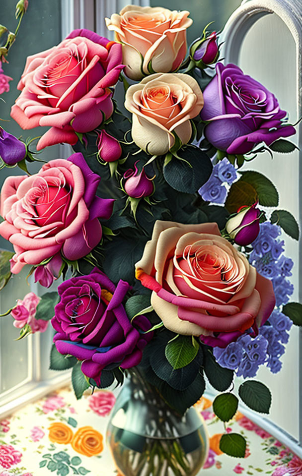 Colorful Bouquet of Pink, Peach, Purple Roses with Blue Flowers by Floral Patterned Window