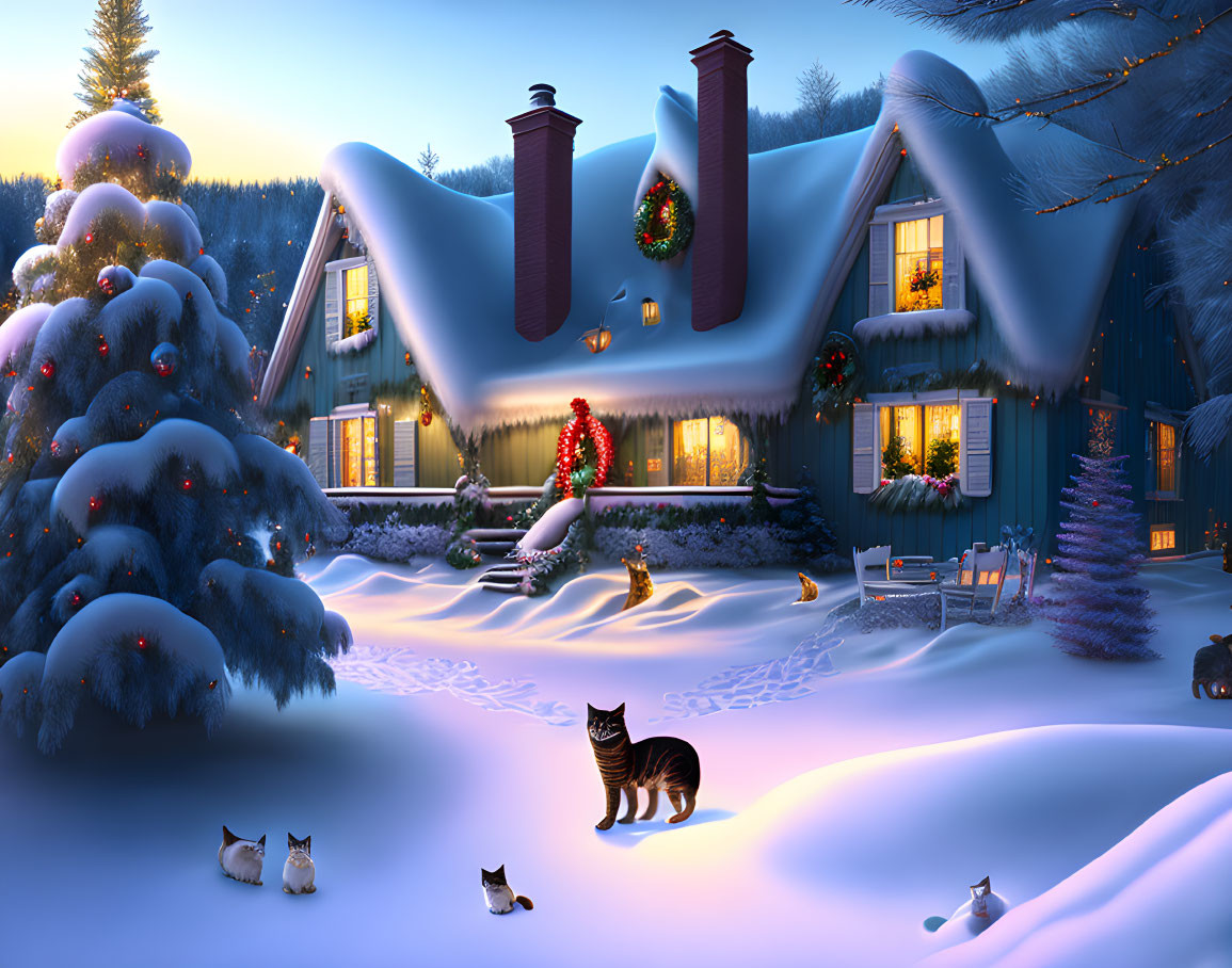 Snowy Evening Scene: Cozy House, Christmas Decorations, Cats Playing