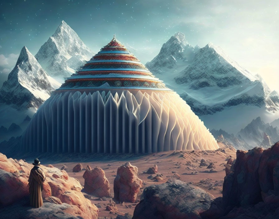 Digitally created desert landscape with circular building and mountains.