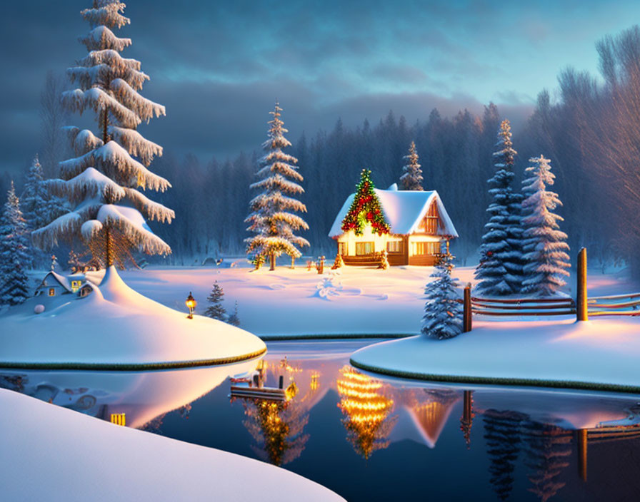 Snowy Landscape: Cozy Cottage with Christmas Lights at Twilight