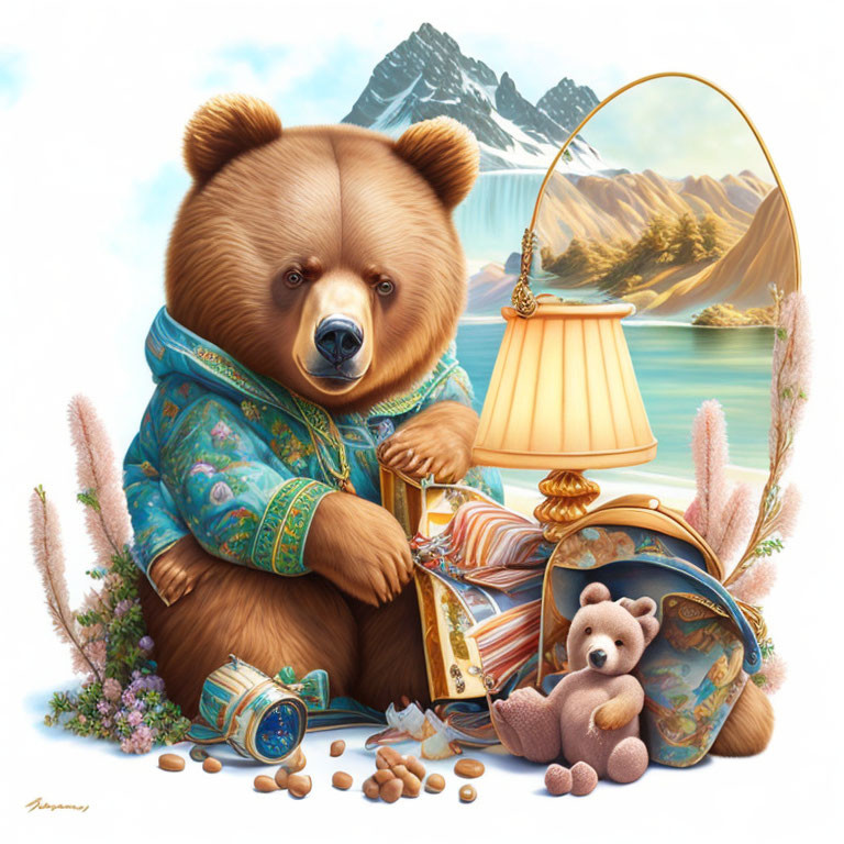 Anthropomorphic bear reading book in ornate clothing with teddy bear and candies in nature scene