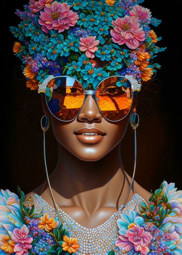 Woman portrait with vibrant floral headpiece and orange sunglasses.