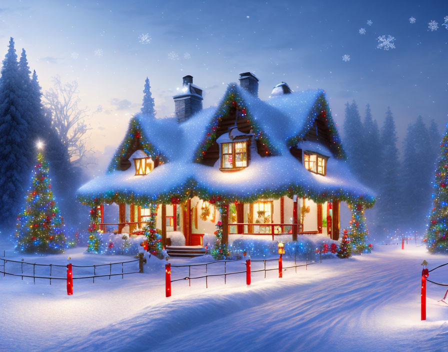 Snow-covered Christmas house in serene forest landscape at dusk