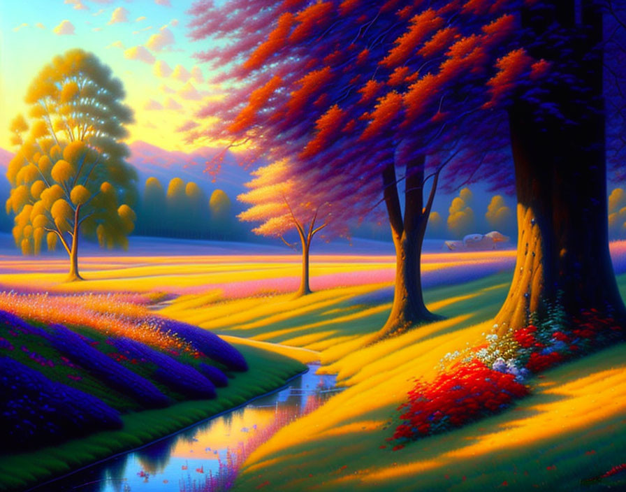 Colorful Trees, Serene Stream, Purple Flowers: Sunset Landscape