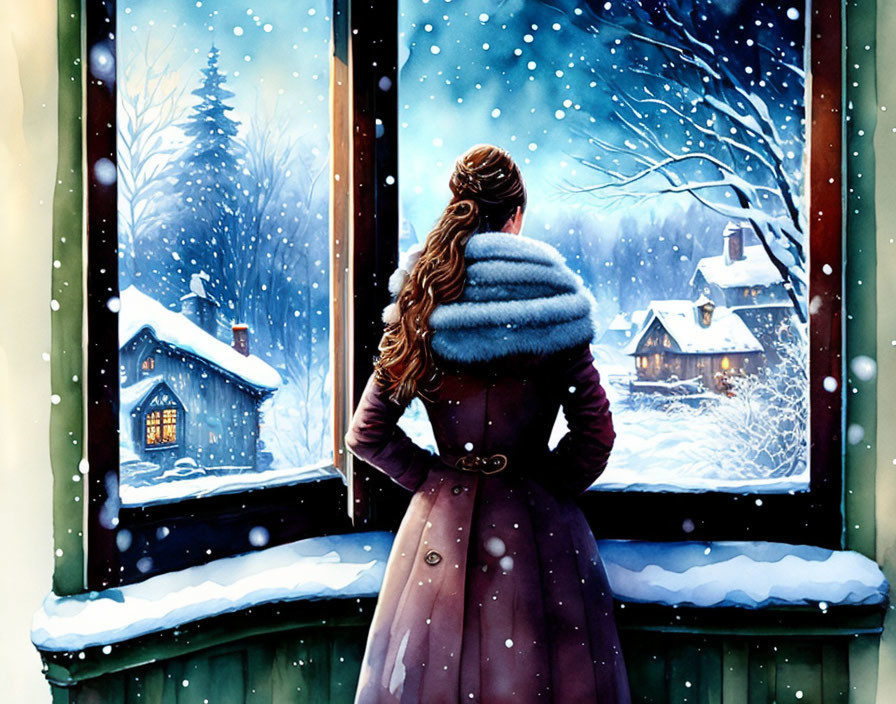 Braided hair woman in purple coat gazes at snowy village scene