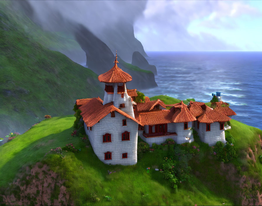 Coastal cliff village: Whitewashed buildings, red tile roofs, lush scenery