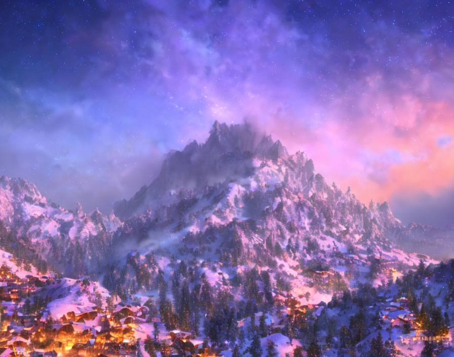 Snow-covered village nestled at mountain base under twilight sky